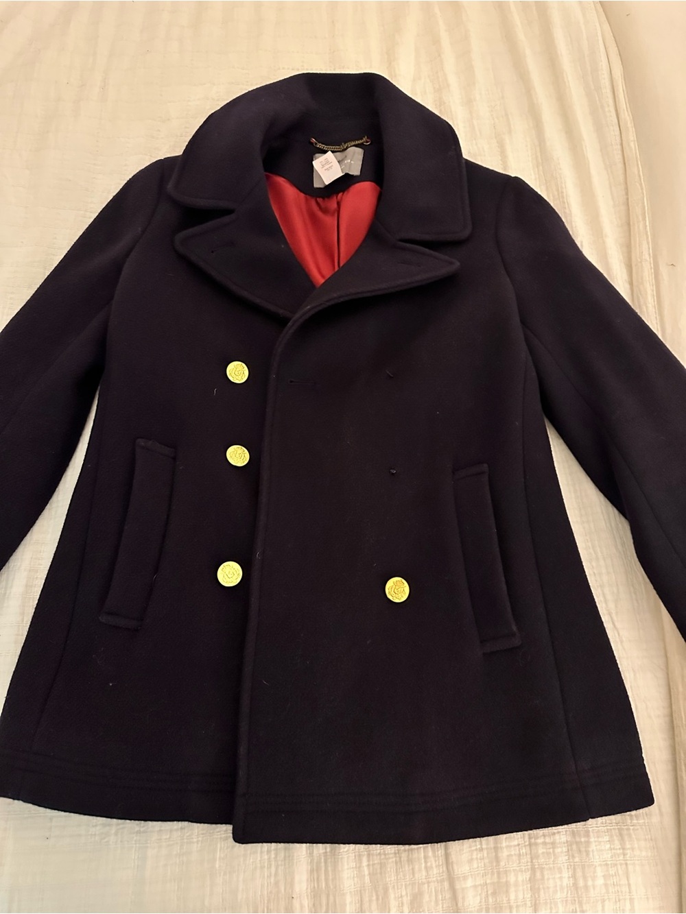 J. Crew Navy Stadium Fabric Peacoat with Red Lining and Gold Buttons